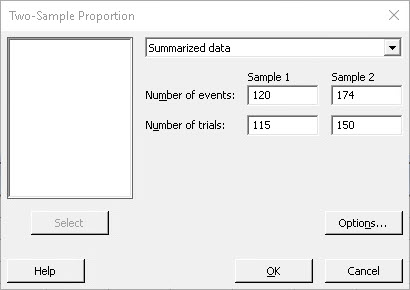 Two Sample Proportions z-Interval Minitab step 2
