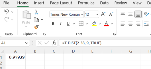 Excel t-Distribution Probability step 3