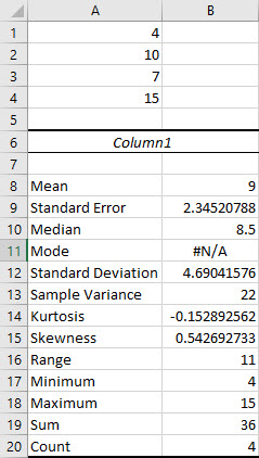 Excel Descriptive Statistics One Variable step 8