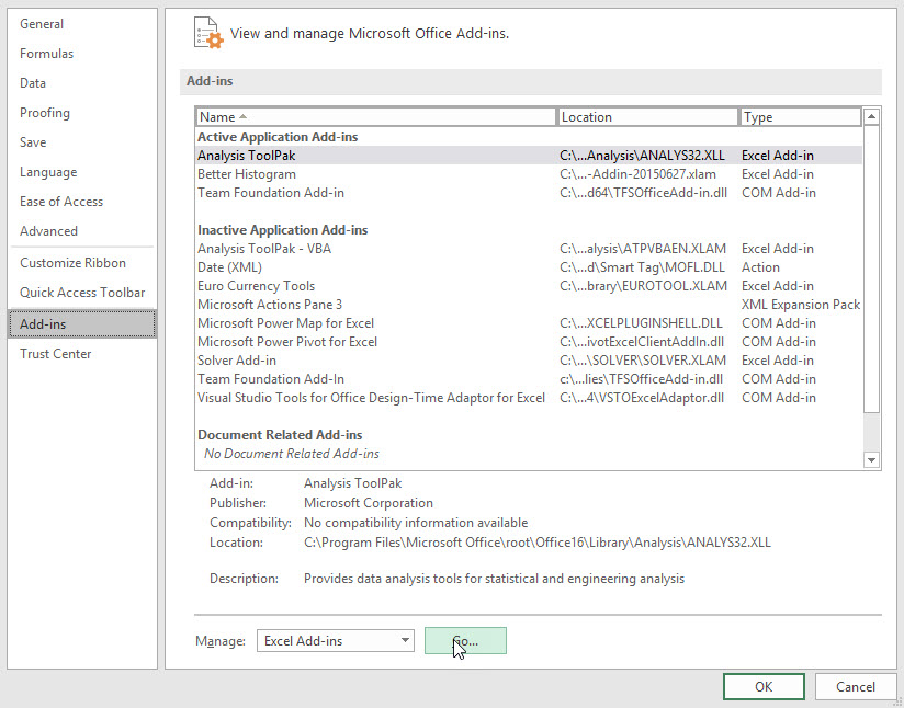 Excel Data Analysis Toolpak step 2