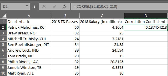 Excel Correlation Coefficient step 2
