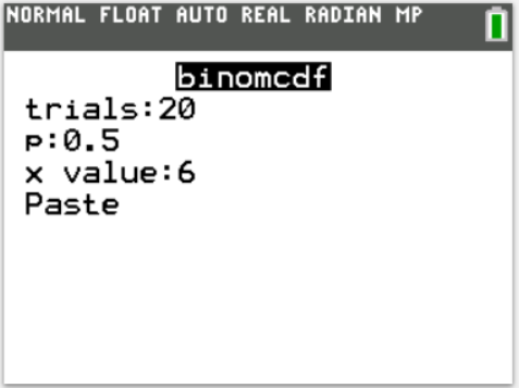 TI-Calculator Binomial Probability (cdf) step 3